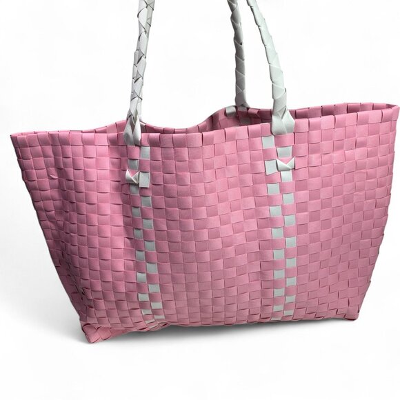 Kate Spade Lightweight Woven Nylon Tote Bag Pink & White With Double Handles - Picture 3 of 6